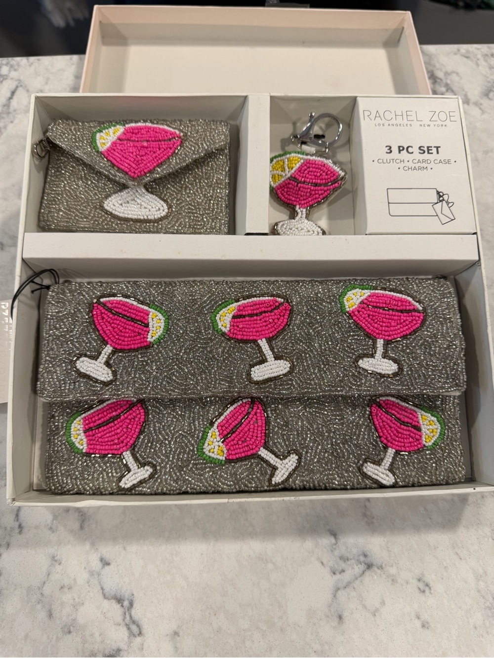 Rachel Zoe Silver Beaded Clutch, Card Case & Charm with Pink Cocktail Motif